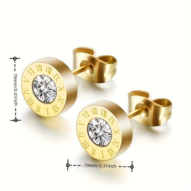 Boucles d'oreilles à tige chics en acier inoxydable avec chiffres romains et zircones scintillantes - Plaqué or rose, parfaites pour un usage quotidien ou en soirée