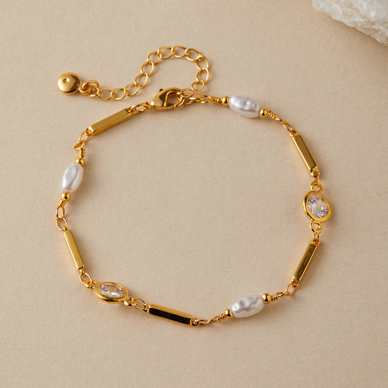 Bracelet en perles ABS exquises, plaqué cuivre, or véritable 18 carats, incrusté de zircons de couleur