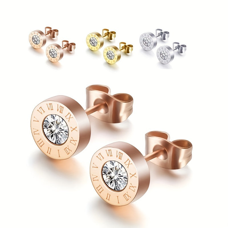 Boucles d'oreilles à tige chics en acier inoxydable avec chiffres romains et zircones scintillantes - Plaqué or rose, parfaites pour un usage quotidien ou en soirée