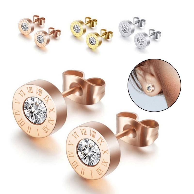 Boucles d'oreilles à tige chics en acier inoxydable avec chiffres romains et zircones scintillantes - Plaqué or rose, parfaites pour un usage quotidien ou en soirée