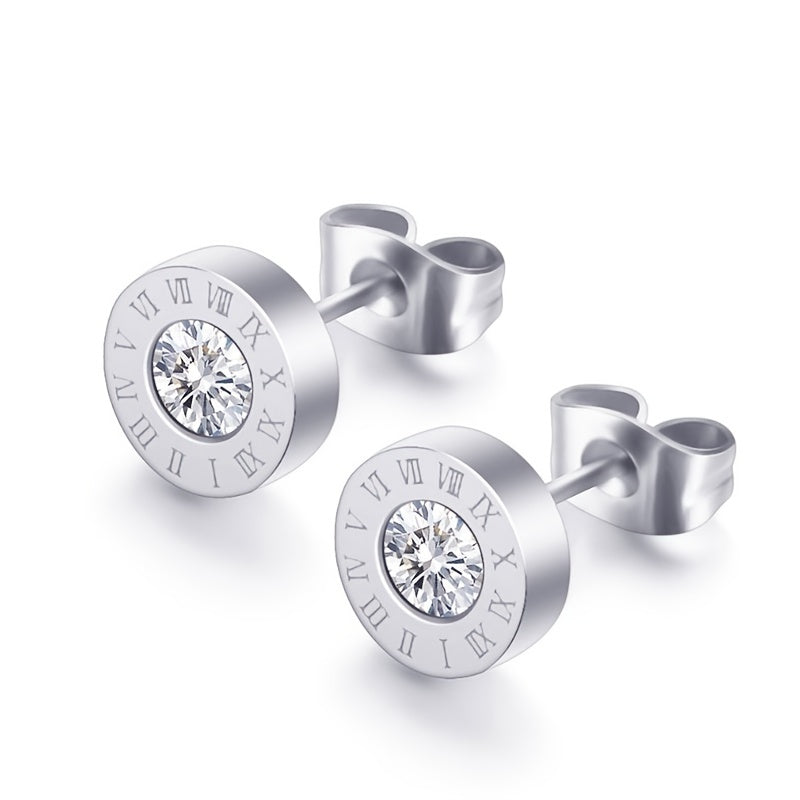 Boucles d'oreilles à tige chics en acier inoxydable avec chiffres romains et zircones scintillantes - Plaqué or rose, parfaites pour un usage quotidien ou en soirée