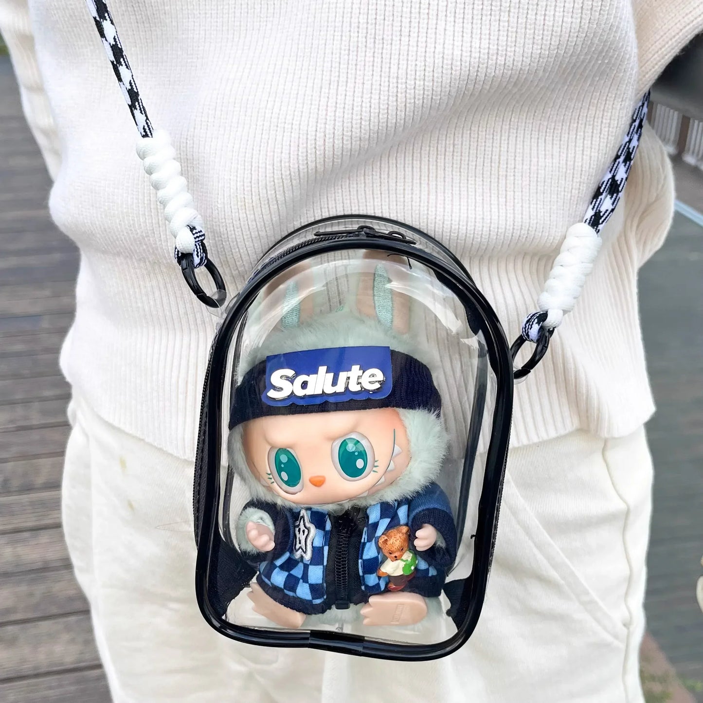 * Labubu Protect Case Labubu Sitting Party 15cm Cotton Doll Shoulder Pain Bag PVC Storage Bag Labubu Walk Bag Dustproof