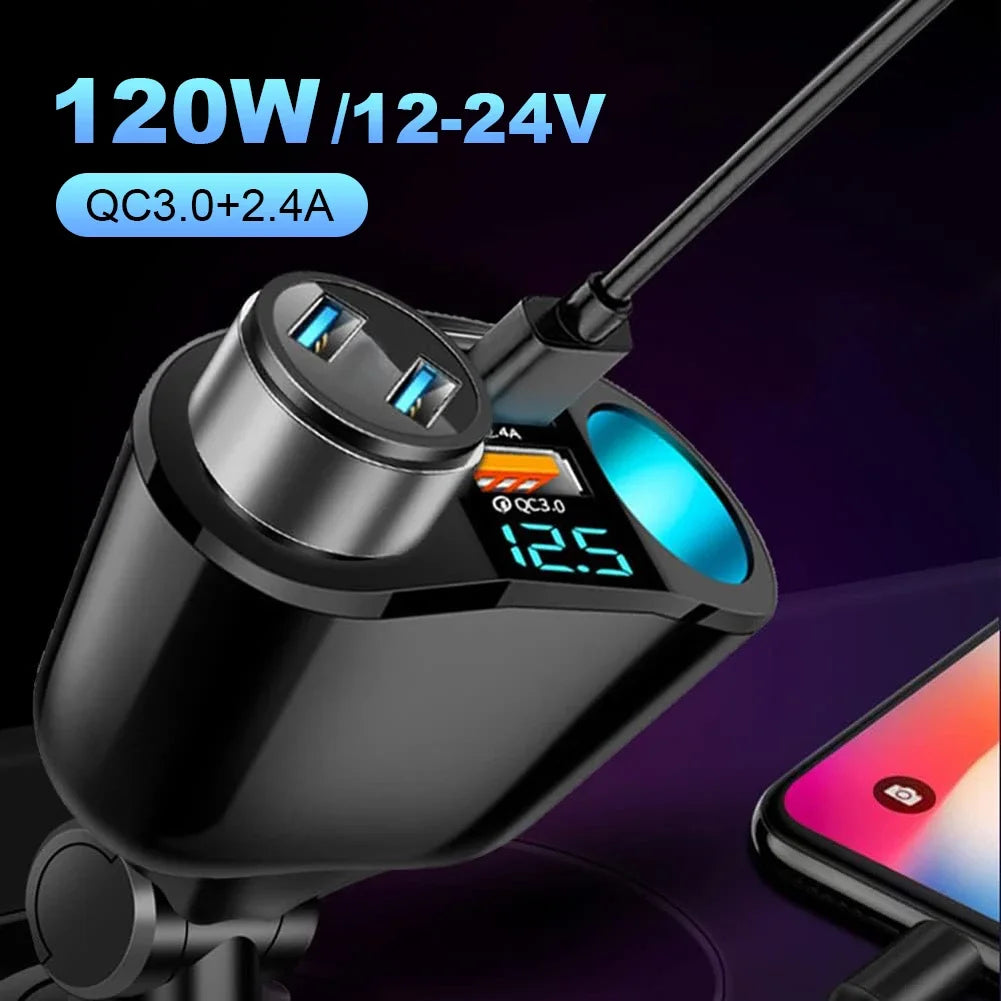 Car Cigarette Lighter Socket Splitter PD QC3.0 12V-24V 2 USB Charger C Ports 2.4A Fast Charging Car Charger for Mobile Phone DVR