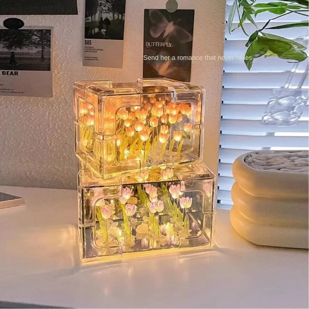 Lampe de nuit tridimensionnelle en forme de cube de mer, fleur de tulipe créative à faire soi-même, paquet de matériel pour petite amie, couple, copines