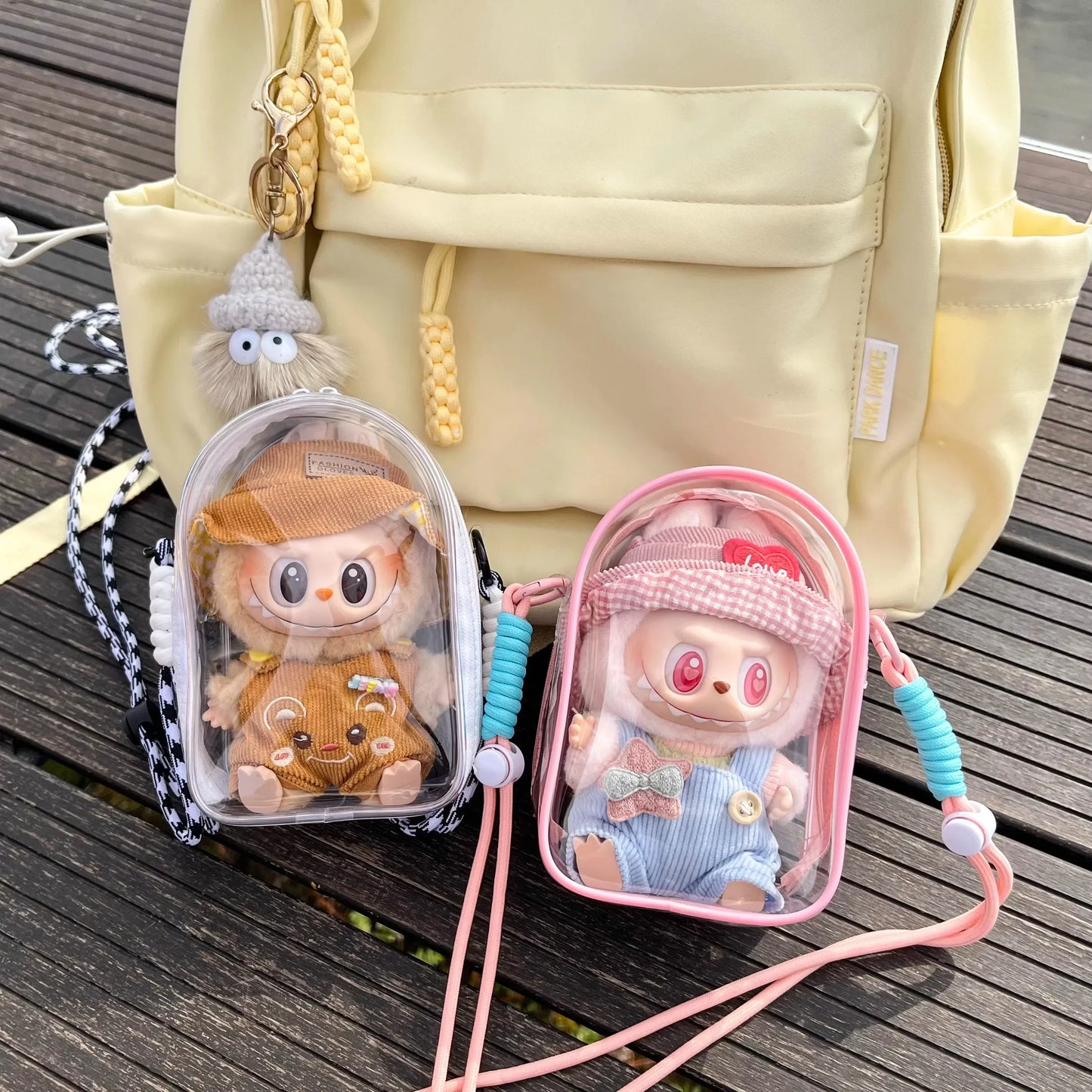 * Labubu Protect Case Labubu Sitting Party 15cm Cotton Doll Shoulder Pain Bag PVC Storage Bag Labubu Walk Bag Dustproof