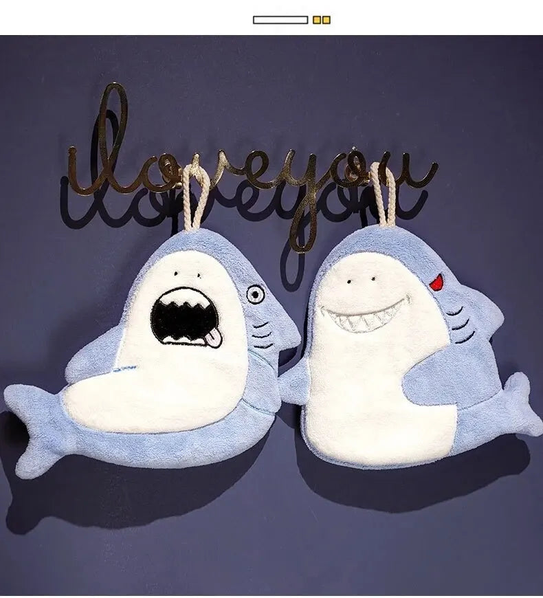 Hand Towel Cute Animal Cartoon Shark Household Cleaning Rag Hanging Absorbent Coral Fleece Kitchen Hand Cleaning Fear