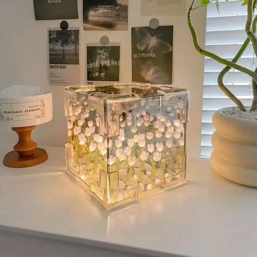 Lampe de nuit tridimensionnelle en forme de cube de mer, fleur de tulipe créative à faire soi-même, paquet de matériel pour petite amie, couple, copines