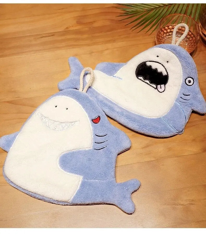 Hand Towel Cute Animal Cartoon Shark Household Cleaning Rag Hanging Absorbent Coral Fleece Kitchen Hand Cleaning Fear