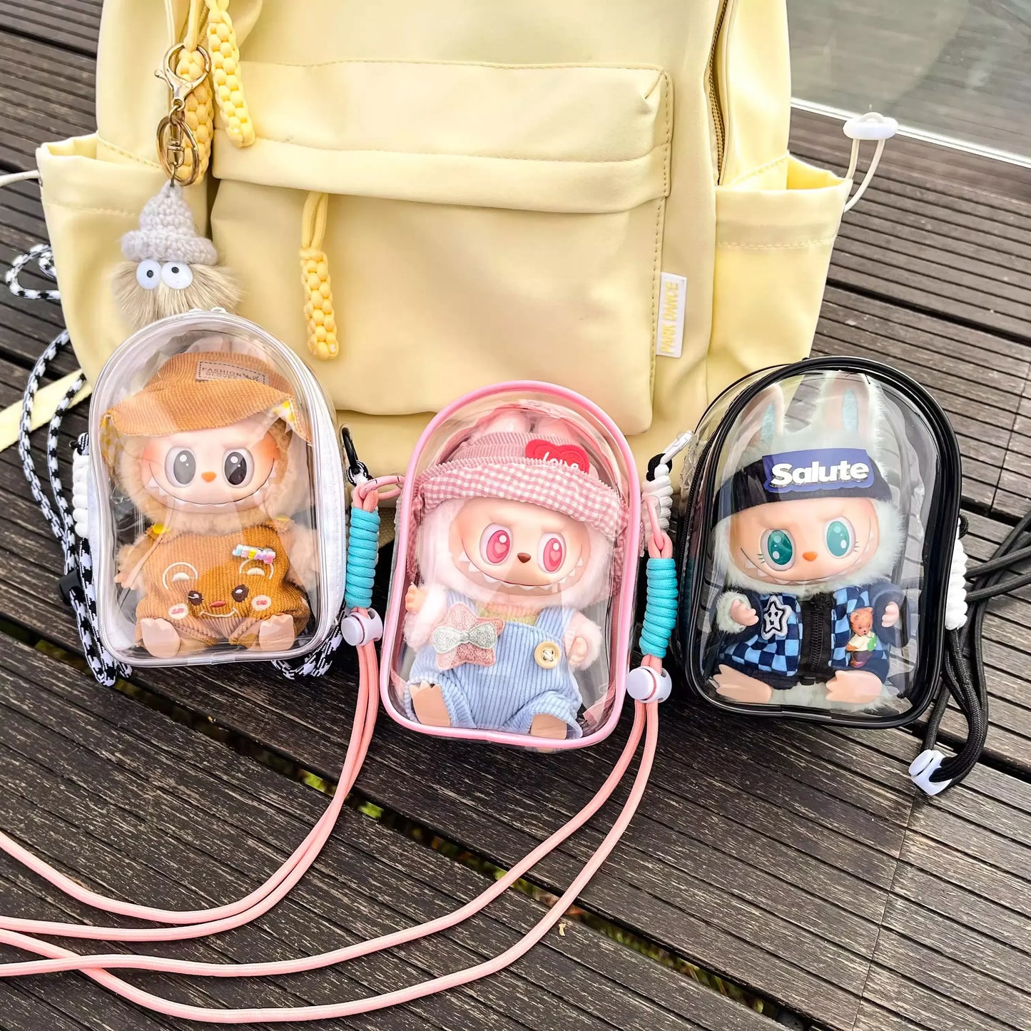 * Labubu Protect Case Labubu Sitting Party 15cm Cotton Doll Shoulder Pain Bag PVC Storage Bag Labubu Walk Bag Dustproof
