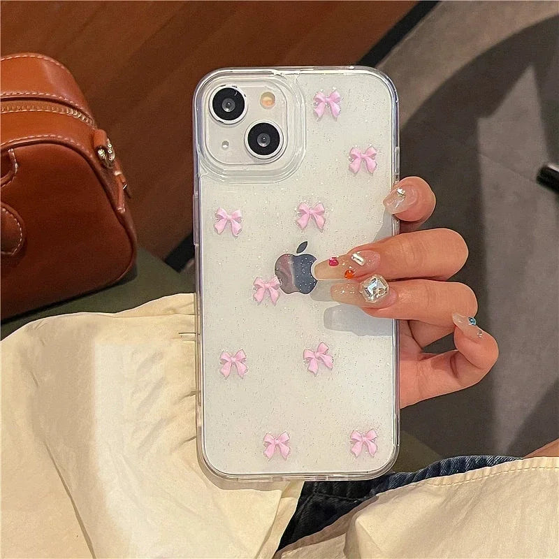 Coque de téléphone à nœud papillon rose pour iPhone 17, 16 Pro, 15, 14, 13, 12, 11 Pro Max, 7, 8, SE 2022, 16E, transparente, souple et résistante aux chocs
