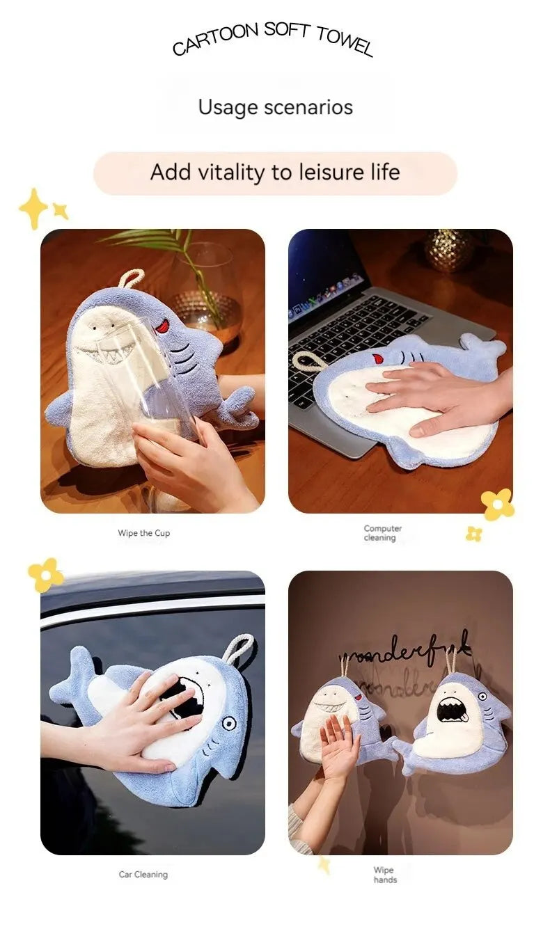 Hand Towel Cute Animal Cartoon Shark Household Cleaning Rag Hanging Absorbent Coral Fleece Kitchen Hand Cleaning Fear