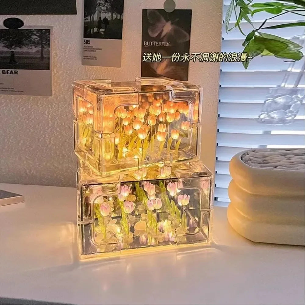 Lampe de nuit tridimensionnelle en forme de cube de mer, fleur de tulipe créative à faire soi-même, paquet de matériel pour petite amie, couple, copines