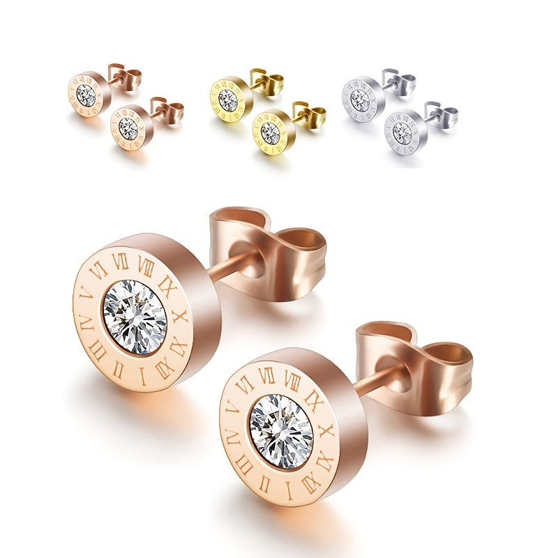 Boucles d'oreilles à tige chics en acier inoxydable avec chiffres romains et zircones scintillantes - Plaqué or rose, parfaites pour un usage quotidien ou en soirée