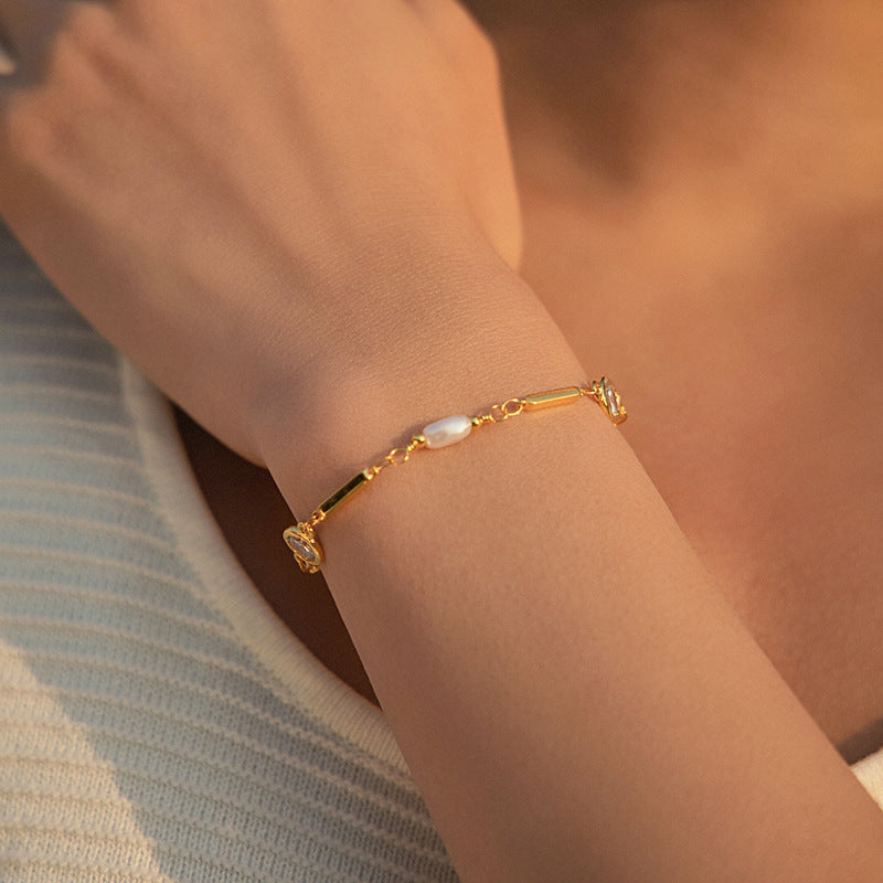 Bracelet en perles ABS exquises, plaqué cuivre, or véritable 18 carats, incrusté de zircons de couleur