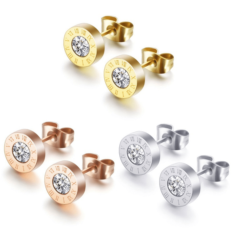 Boucles d'oreilles à tige chics en acier inoxydable avec chiffres romains et zircones scintillantes - Plaqué or rose, parfaites pour un usage quotidien ou en soirée