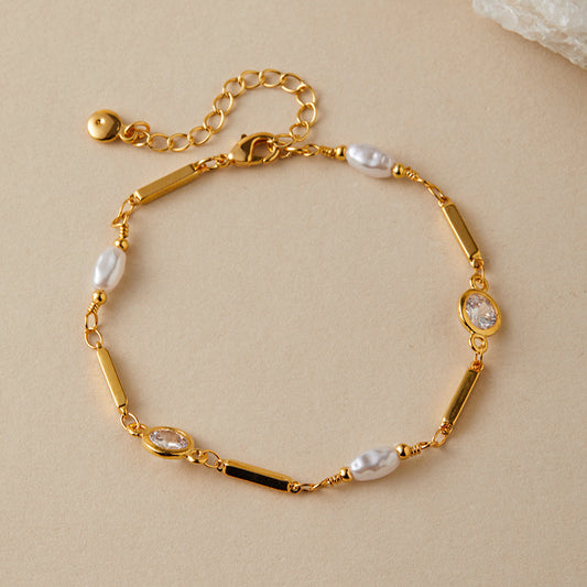 Bracelet en perles ABS exquises, plaqué cuivre, or véritable 18 carats, incrusté de zircons de couleur