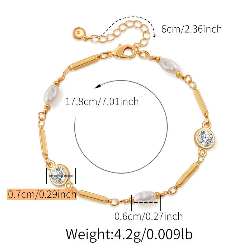 Bracelet en perles ABS exquises, plaqué cuivre, or véritable 18 carats, incrusté de zircons de couleur