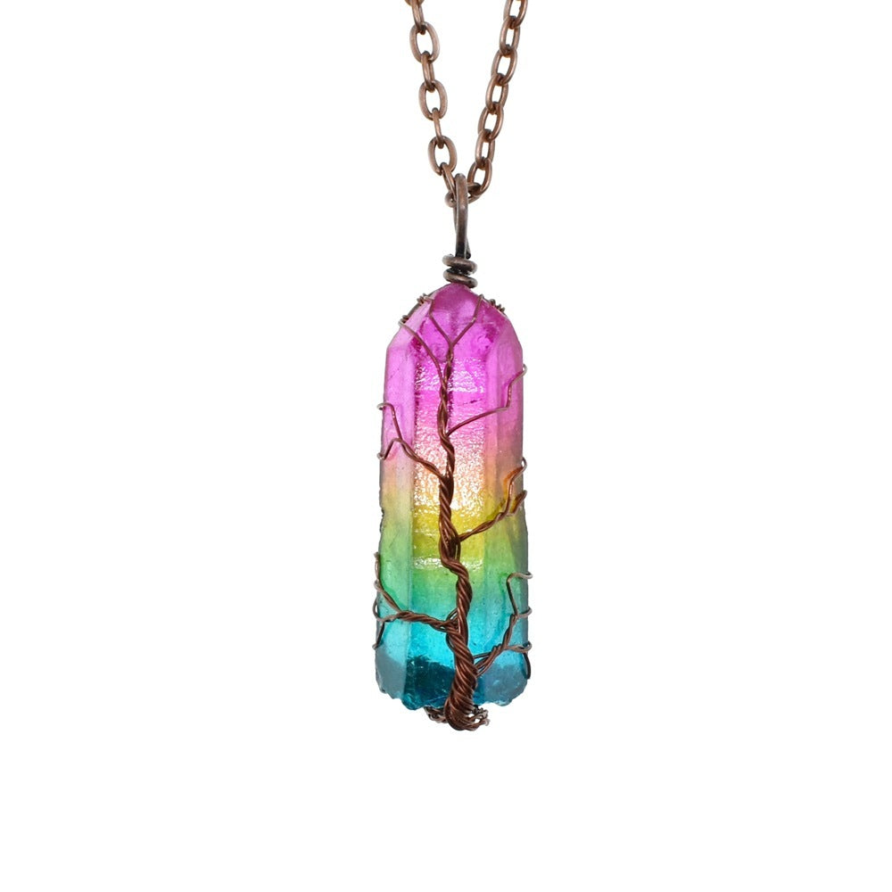 Collier tendance avec pendentif en forme de pilier en cristal et arbre de vie
