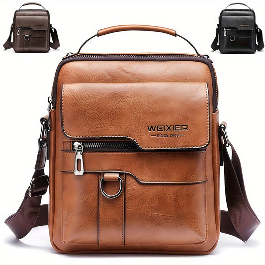 Sac bandoulière vintage pour homme - Bandoulière réglable, compartiments multiples, sac à bandoulière décontracté avec logo « WEIXIER SINCE 2008 », noir et marron, bandoulière décontractée | Bandoulière vintage | Sac à bandoulière réglable