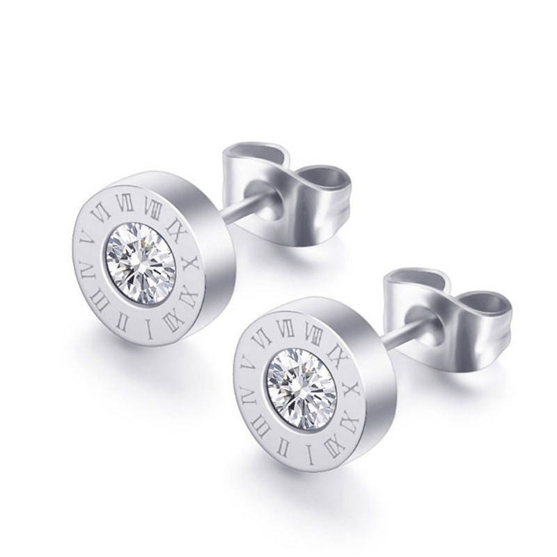 Boucles d'oreilles à tige chics en acier inoxydable avec chiffres romains et zircones scintillantes - Plaqué or rose, parfaites pour un usage quotidien ou en soirée
