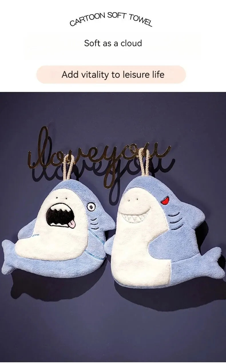 Hand Towel Cute Animal Cartoon Shark Household Cleaning Rag Hanging Absorbent Coral Fleece Kitchen Hand Cleaning Fear