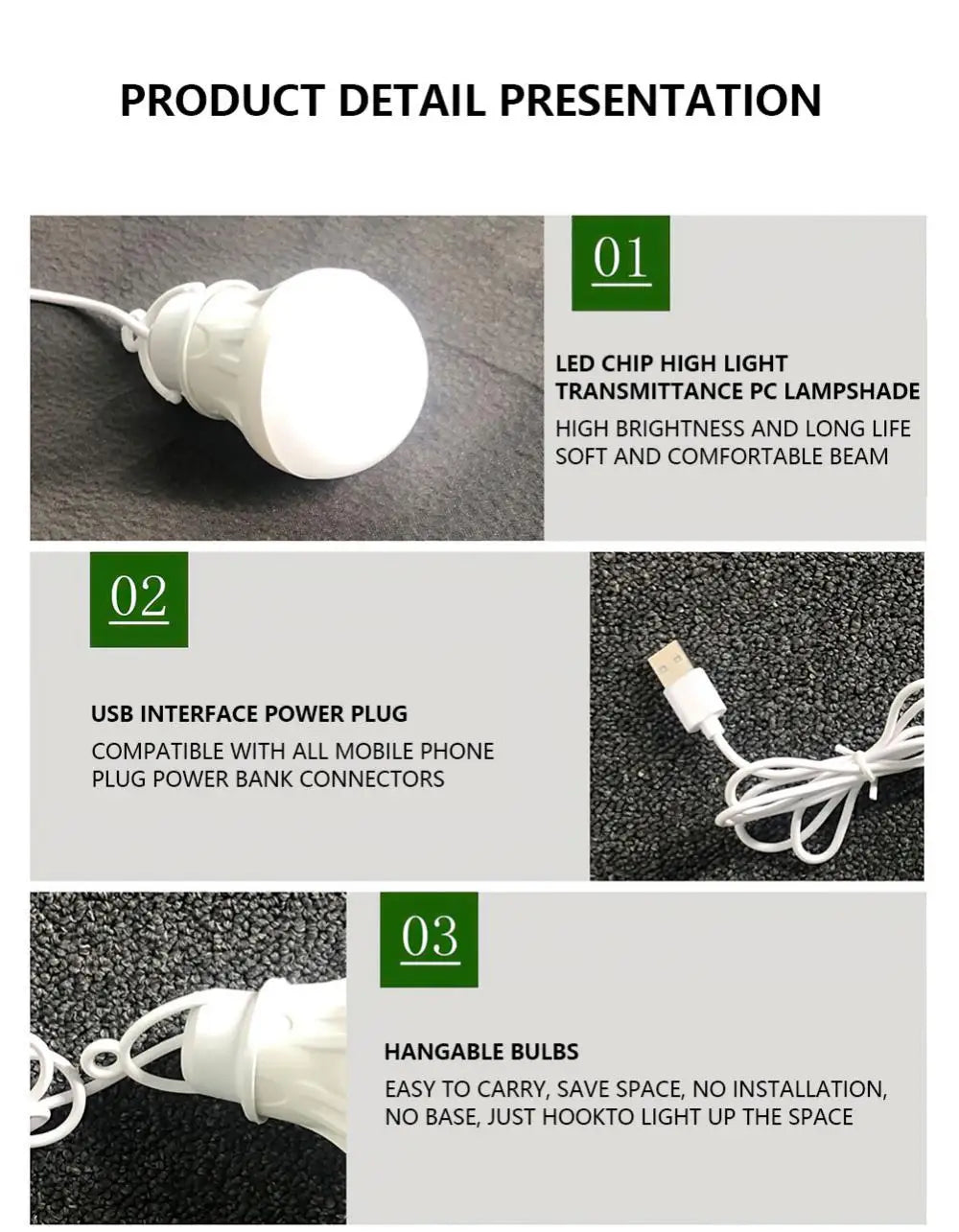 USB LED Light Bulb Portable Camping Light Mini Light Bulb 5V Power Book Light Student Study Table Lamp Outdoor Fishing Lighting