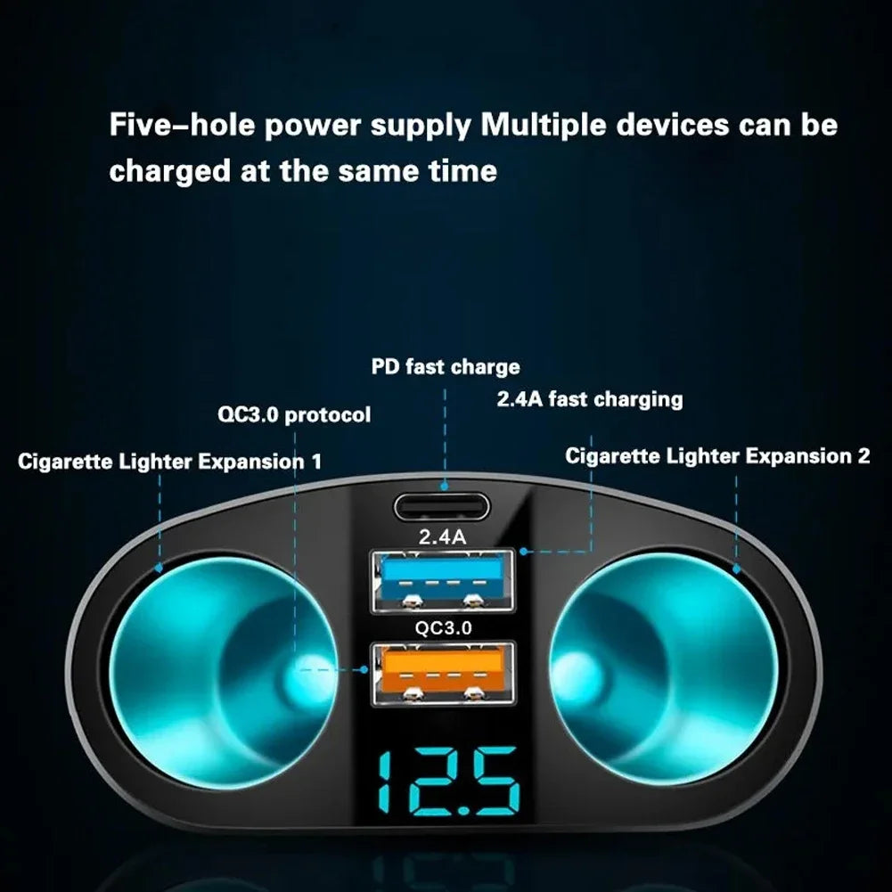 Car Cigarette Lighter Socket Splitter PD QC3.0 12V-24V 2 USB Charger C Ports 2.4A Fast Charging Car Charger for Mobile Phone DVR