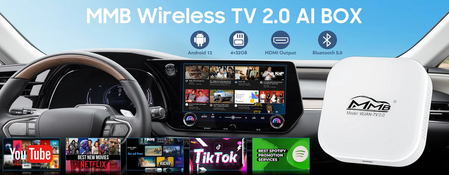 2025 MMB Max 4.0 Android13 Ultra Box QCM6125 8-Cores Wireless CarPlay Android Auto Ai Box 8+128G Auto Connection YouTube Netflix