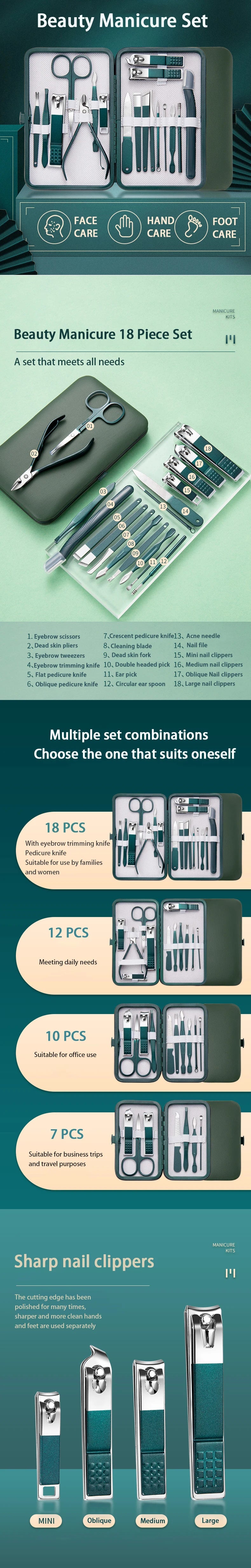 Kit de soins des ongles professionnel 7/10/12/18 pièces, ensemble de manucure et pédicure en acier inoxydable, ensemble de coupe-ongles avec étui de voyage