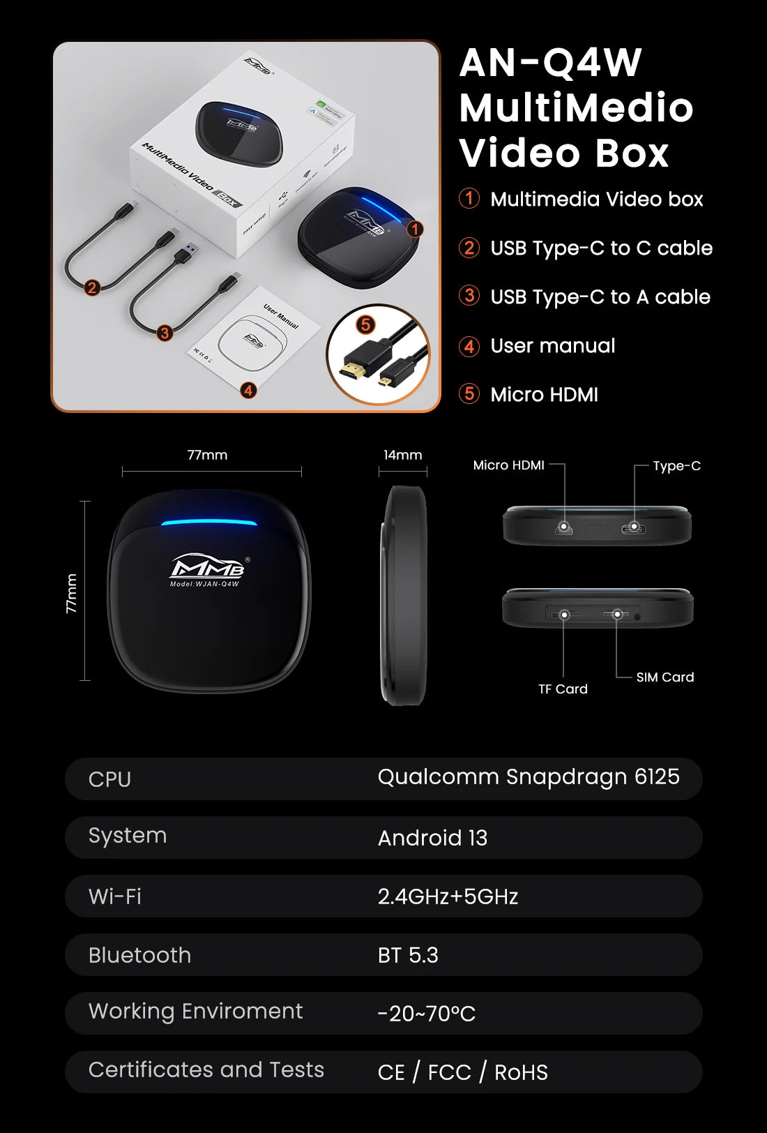 2025 MMB Max 4.0 Android13 Ultra Box QCM6125 8-Cores Wireless CarPlay Android Auto Ai Box 8+128G Auto Connection YouTube Netflix
