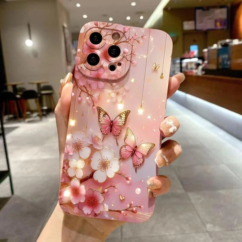 Butterfly & Floral Design Shockproof Phone Case for iPhone 11 12 13 14 15 16 17 Air Pro Max 16E XR XS X 7 8 Plus SE2 Matte Cover