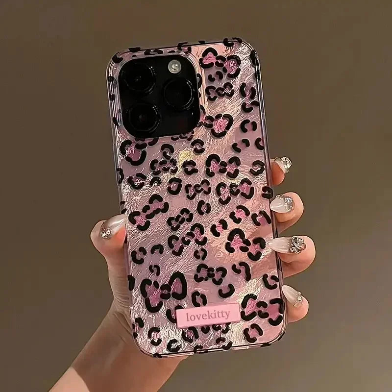 Coque de téléphone à imprimé léopard rose pour iPhone 16, 17, 15, 14 Pro Max, 13, 12, 11 Pro Max, 16e, 14 Plus, XS, XR, X17, Air, motif feuille d'aluminium