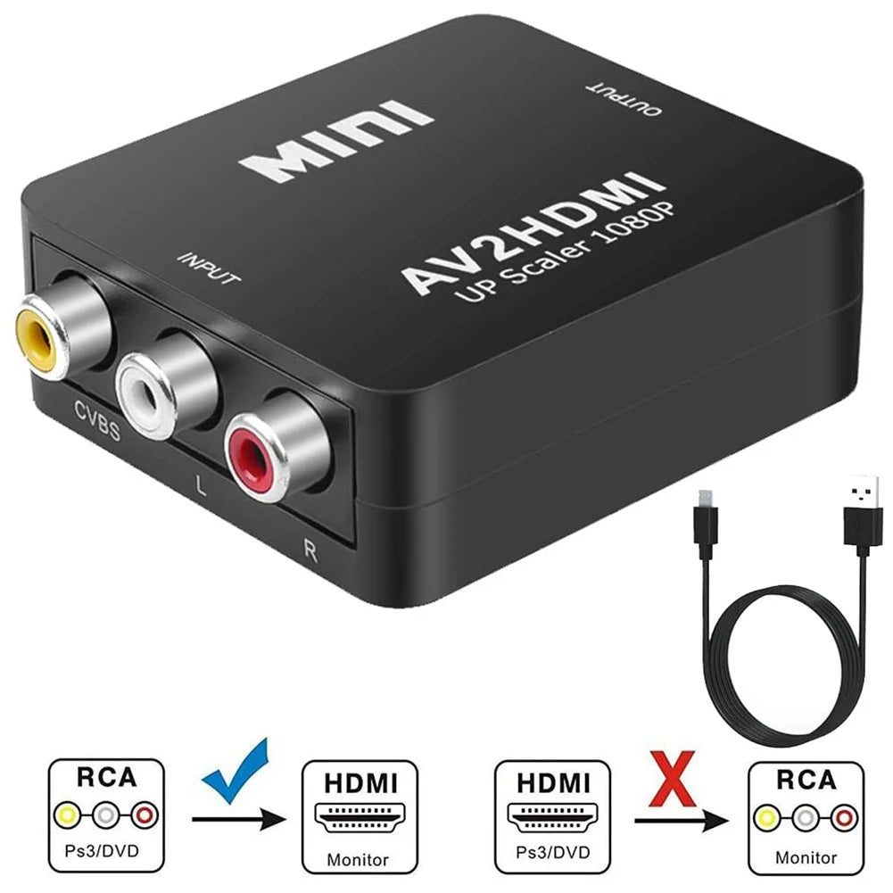 HD 1080P RCA AV to HDMI Converter Mini AV to HDMI RCA Composite CVBS Video Audio Adapter for PS2/3 VCR DVD to TV with USB Cable