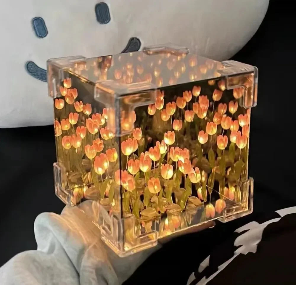 Lampe de nuit tridimensionnelle en forme de cube de mer, fleur de tulipe créative à faire soi-même, paquet de matériel pour petite amie, couple, copines