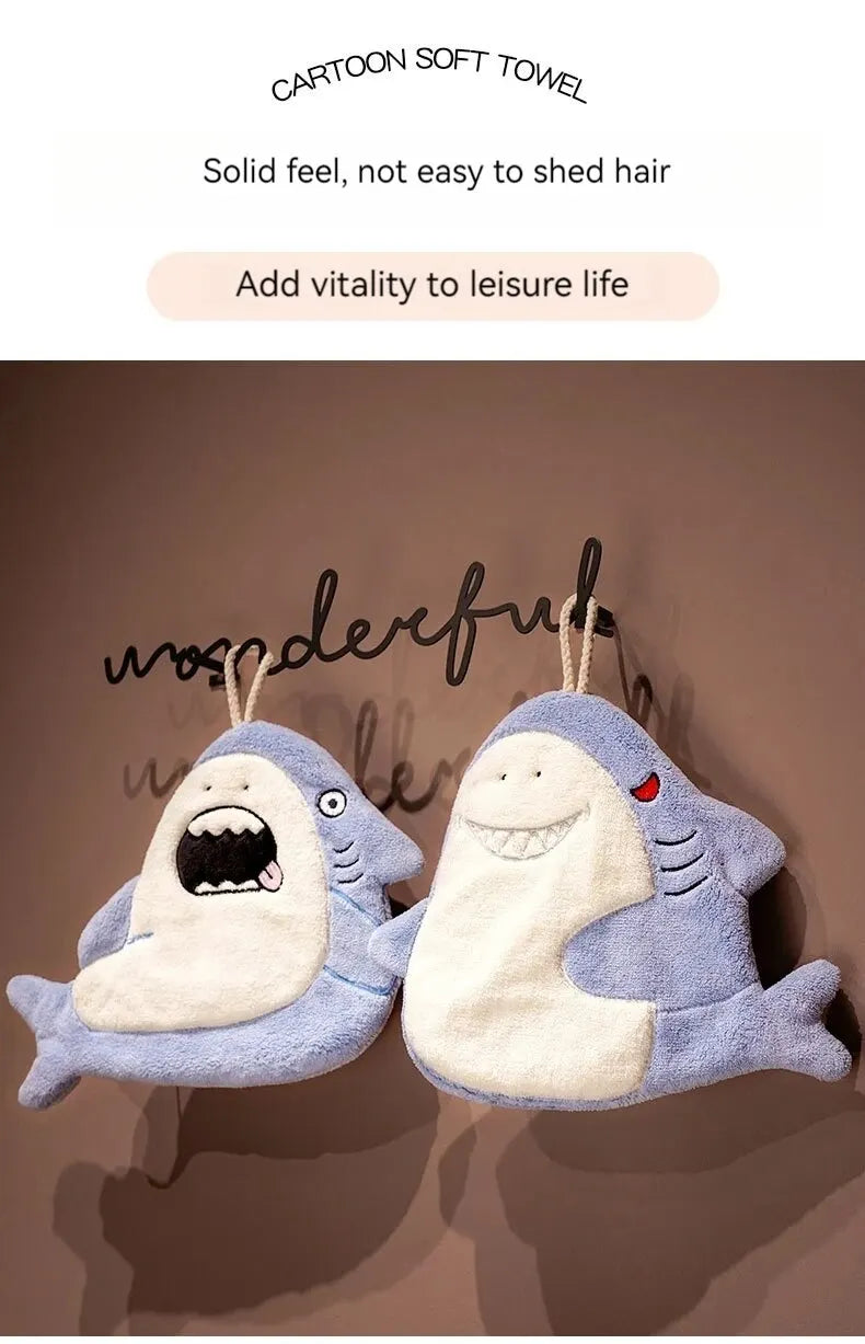 Hand Towel Cute Animal Cartoon Shark Household Cleaning Rag Hanging Absorbent Coral Fleece Kitchen Hand Cleaning Fear