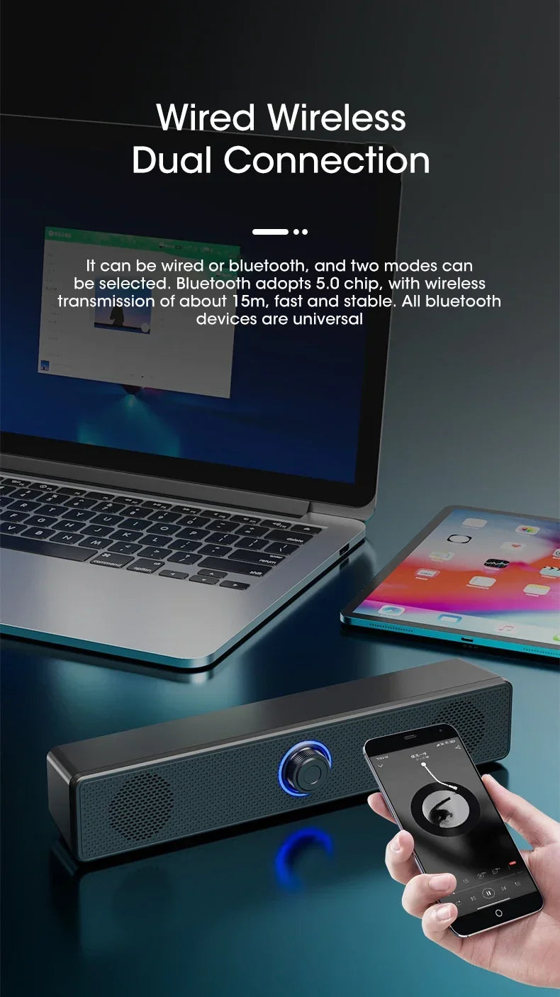 Barre de son PC filaire et sans fil Bluetooth, haut-parleur alimenté par USB pour téléviseur, ordinateur portable, jeux, cinéma maison, système audio surround