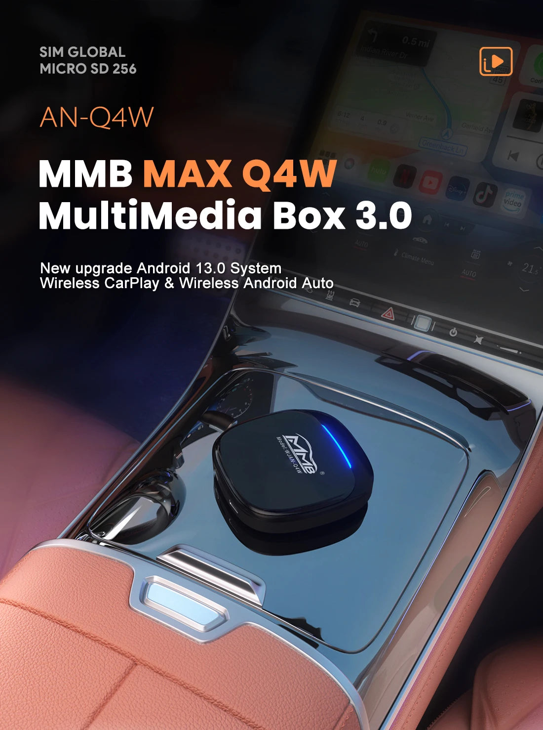2025 MMB Max 4.0 Android13 Ultra Box QCM6125 8-Cores Wireless CarPlay Android Auto Ai Box 8+128G Auto Connection YouTube Netflix