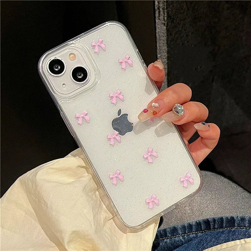 Coque de téléphone à nœud papillon rose pour iPhone 17, 16 Pro, 15, 14, 13, 12, 11 Pro Max, 7, 8, SE 2022, 16E, transparente, souple et résistante aux chocs