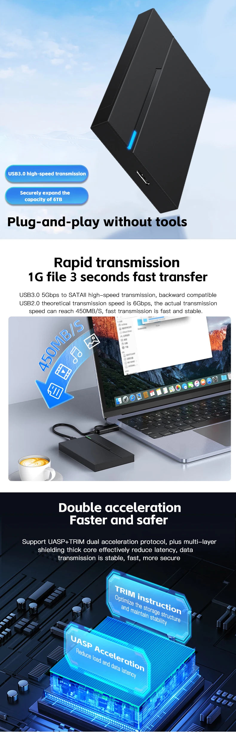 USB3.1 SSD/HDD case 2.5" External Hard Drive Enclosure USB 3.0 Hard Disk Case Supports 7mm 9.5mm SATA SSD HDD 6TB For Laptop PC