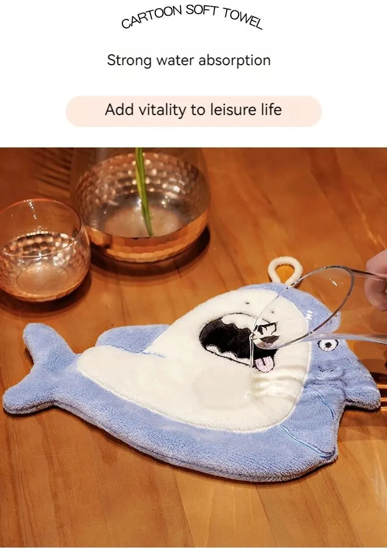 Hand Towel Cute Animal Cartoon Shark Household Cleaning Rag Hanging Absorbent Coral Fleece Kitchen Hand Cleaning Fear