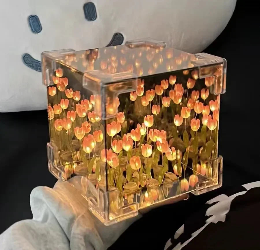 Lampe de nuit tridimensionnelle en forme de cube de mer, fleur de tulipe créative à faire soi-même, paquet de matériel pour petite amie, couple, copines