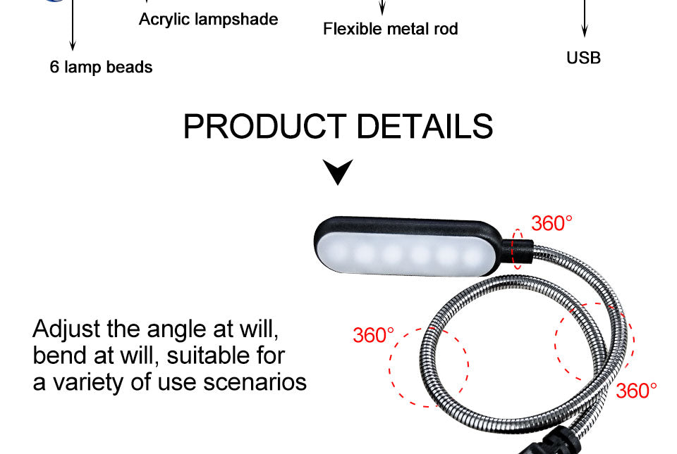 Portable USB LED Mini Book Light Reading Light Table Lamp Flexible 6leds USB Lamp for Power Bank Laptop Notebook PC Computer
