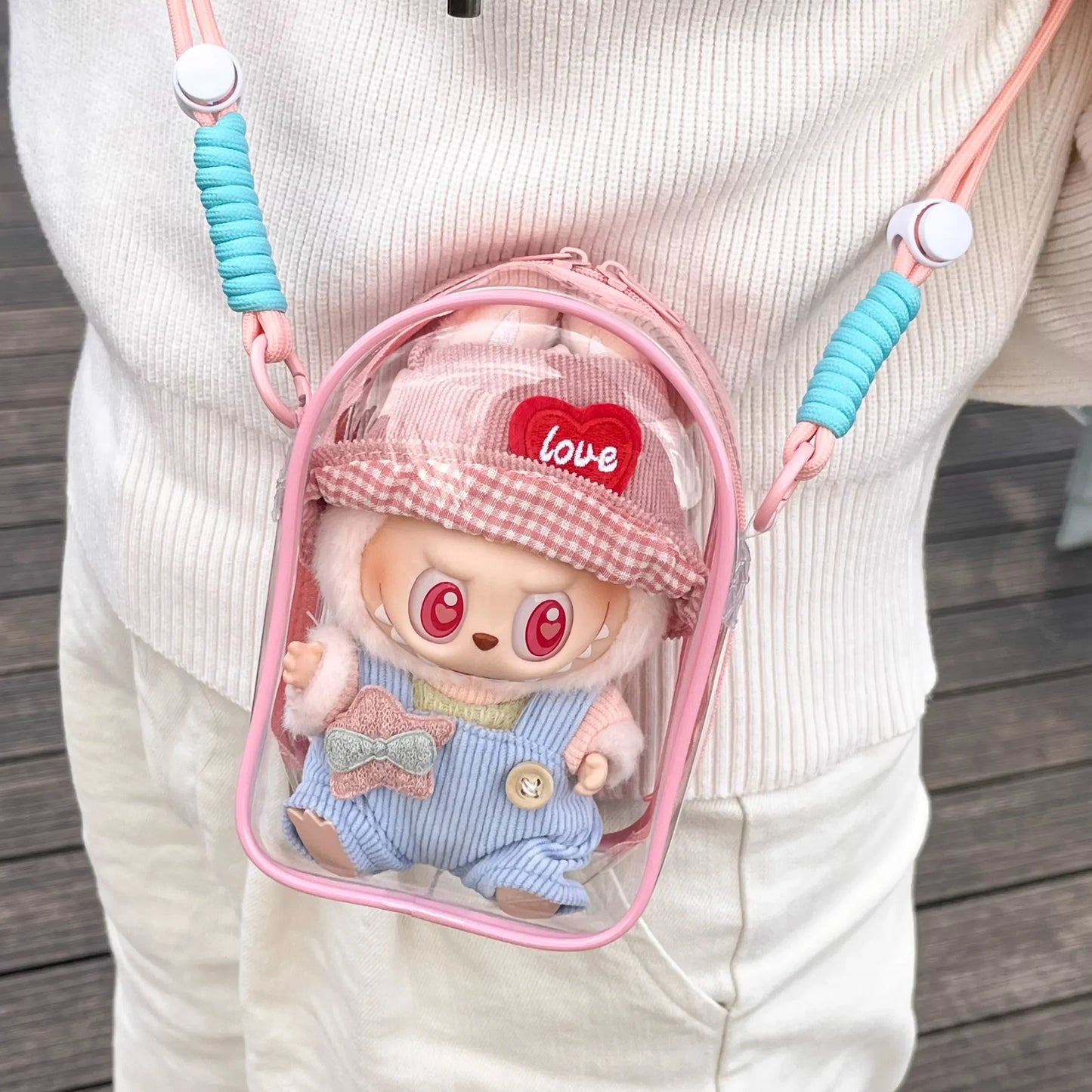 * Labubu Protect Case Labubu Sitting Party 15cm Cotton Doll Shoulder Pain Bag PVC Storage Bag Labubu Walk Bag Dustproof
