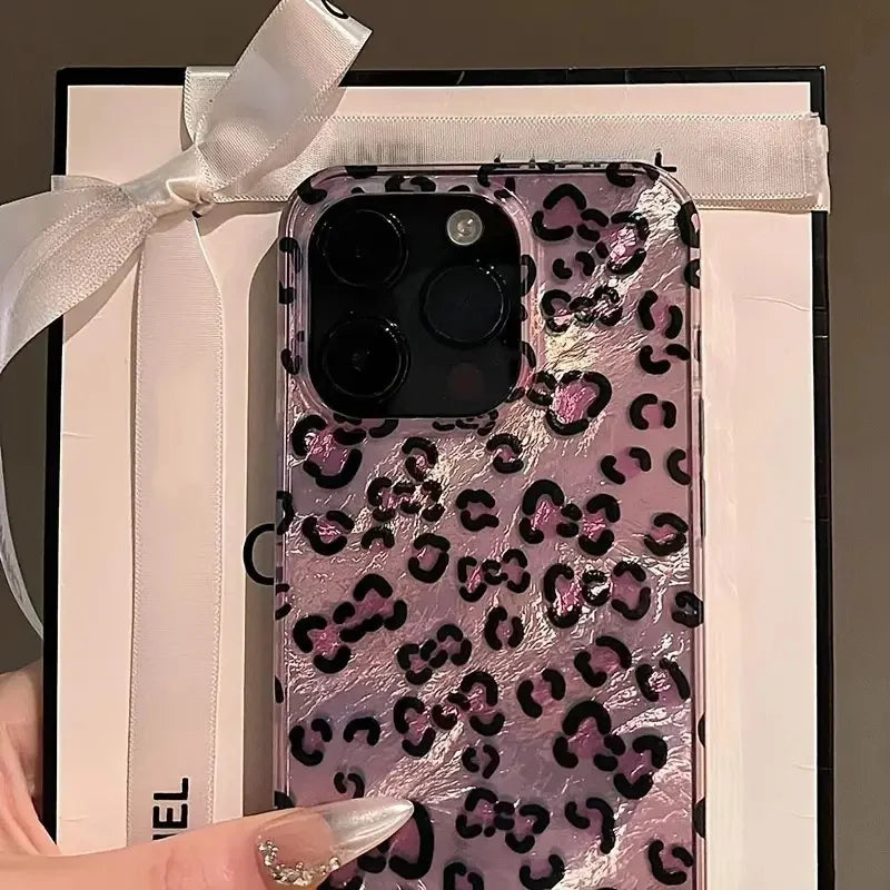 Coque de téléphone à imprimé léopard rose pour iPhone 16, 17, 15, 14 Pro Max, 13, 12, 11 Pro Max, 16e, 14 Plus, XS, XR, X17, Air, motif feuille d'aluminium