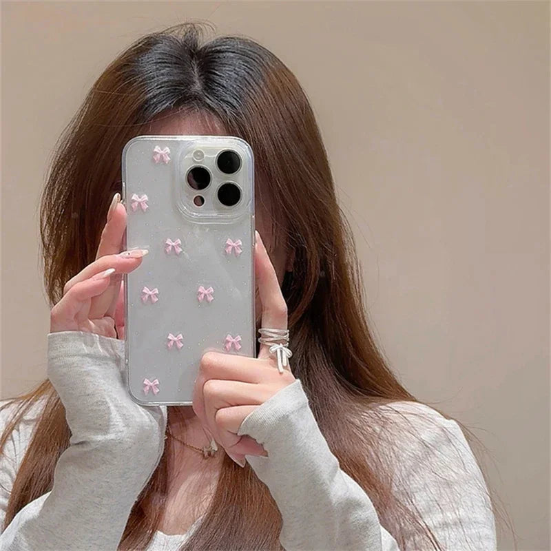 Coque de téléphone à nœud papillon rose pour iPhone 17, 16 Pro, 15, 14, 13, 12, 11 Pro Max, 7, 8, SE 2022, 16E, transparente, souple et résistante aux chocs