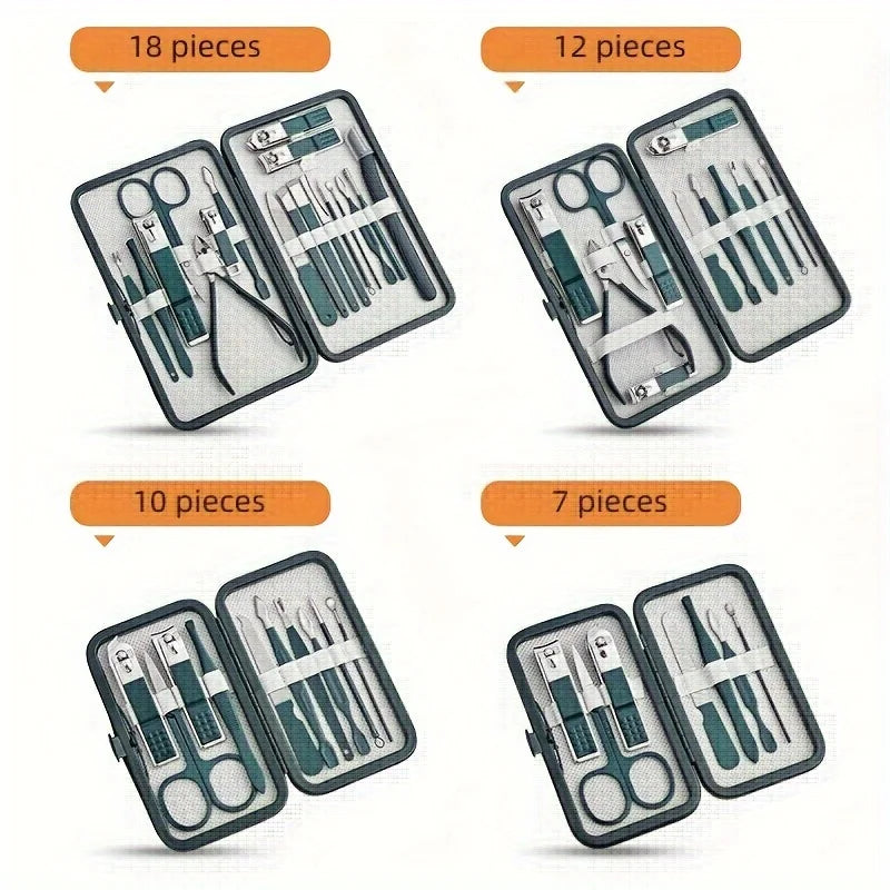 Kit de soins des ongles professionnel 7/10/12/18 pièces, ensemble de manucure et pédicure en acier inoxydable, ensemble de coupe-ongles avec étui de voyage