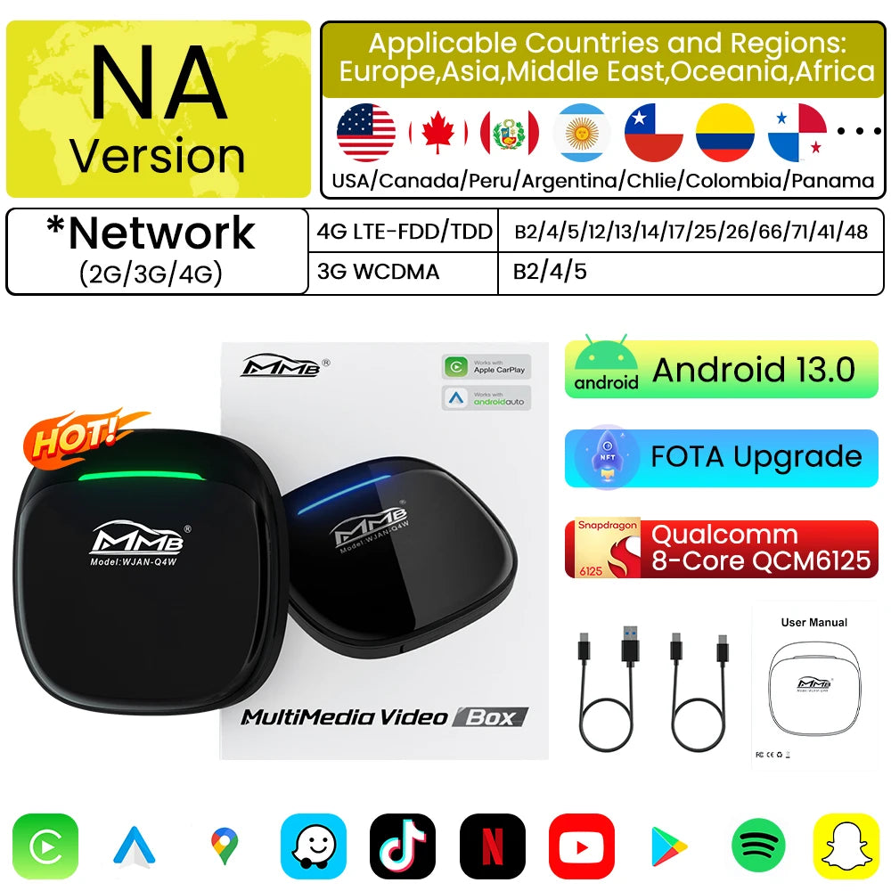 2025 MMB Max 4.0 Android13 Ultra Box QCM6125 8-Cores Wireless CarPlay Android Auto Ai Box 8+128G Auto Connection YouTube Netflix