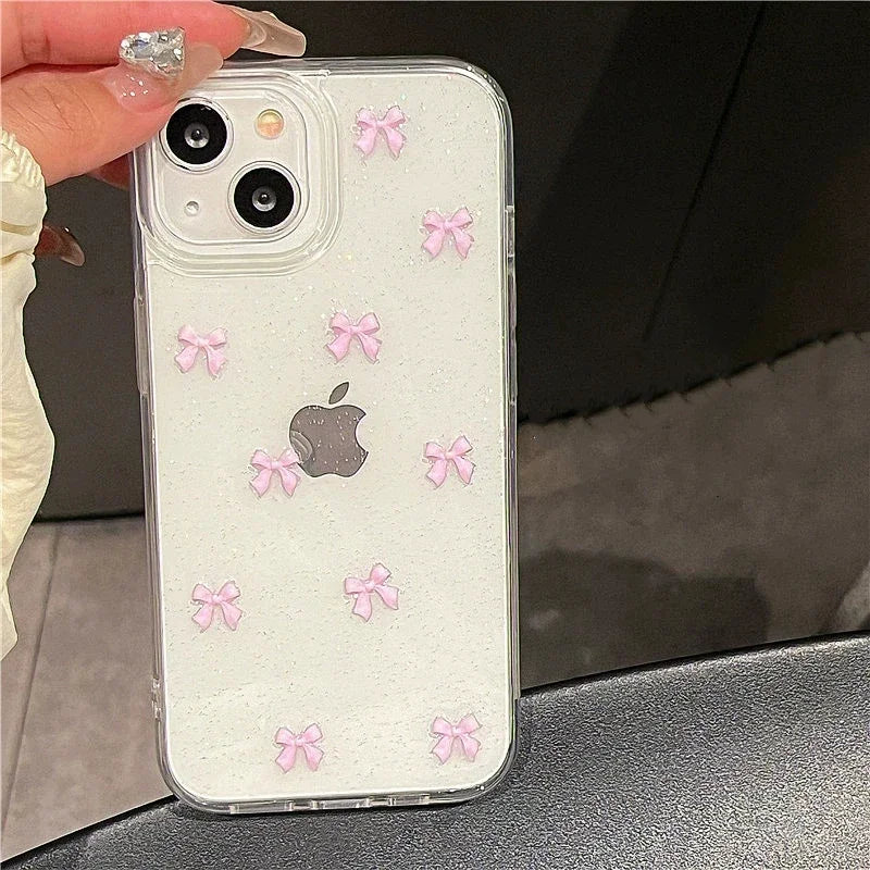 Coque de téléphone à nœud papillon rose pour iPhone 17, 16 Pro, 15, 14, 13, 12, 11 Pro Max, 7, 8, SE 2022, 16E, transparente, souple et résistante aux chocs