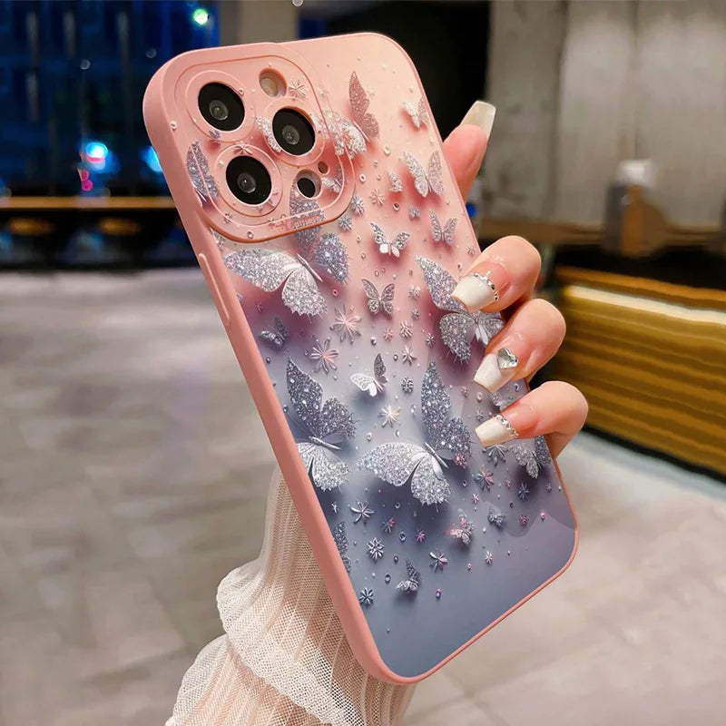 Butterfly & Floral Design Shockproof Phone Case for iPhone 11 12 13 14 15 16 17 Air Pro Max 16E XR XS X 7 8 Plus SE2 Matte Cover