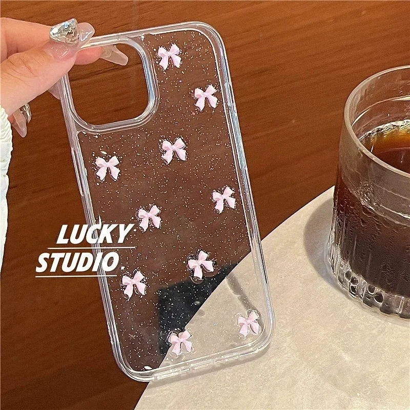 Coque de téléphone à nœud papillon rose pour iPhone 17, 16 Pro, 15, 14, 13, 12, 11 Pro Max, 7, 8, SE 2022, 16E, transparente, souple et résistante aux chocs